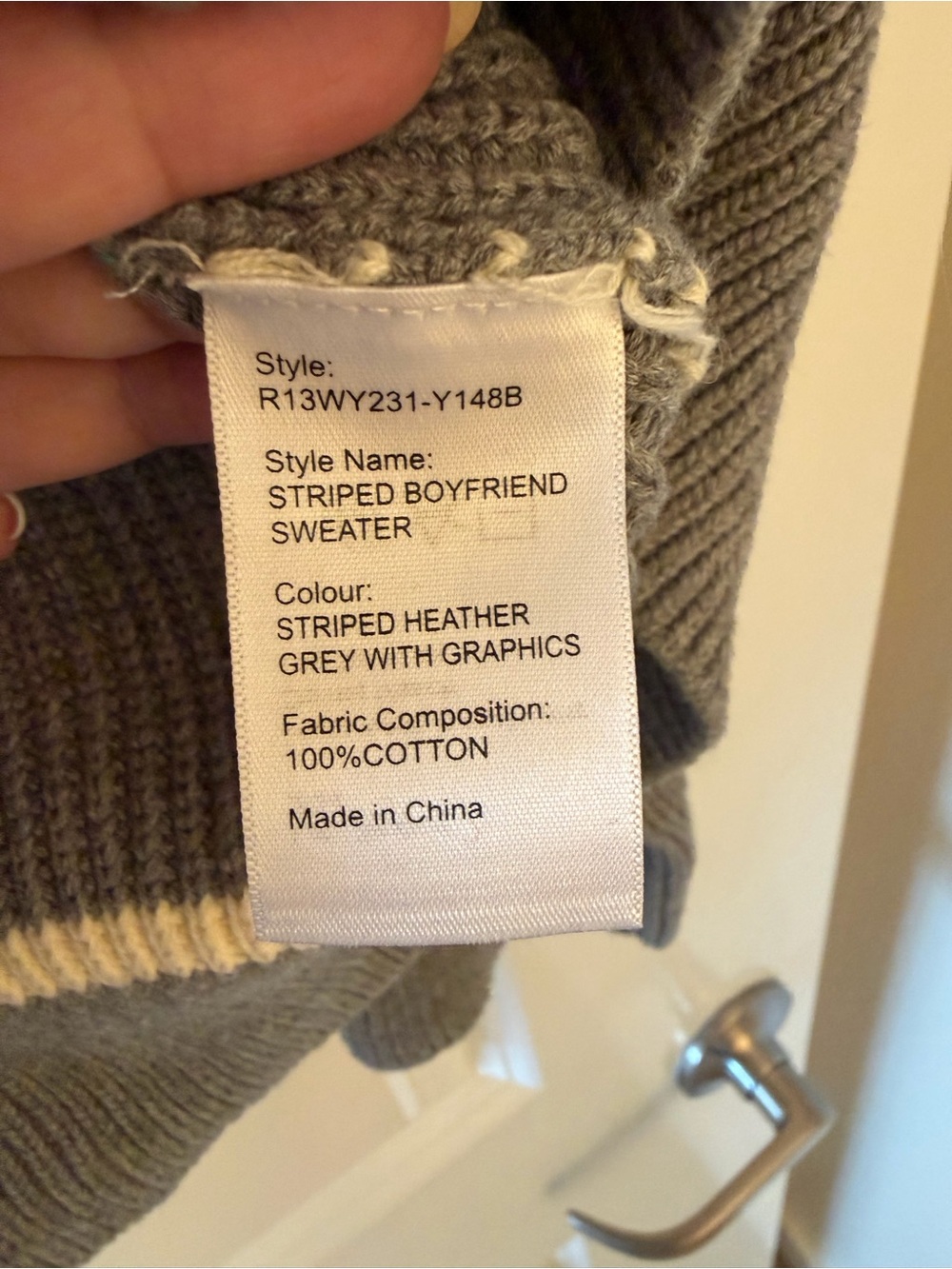 R13 Gray and White Striped Crewneck Sweater with Black Graphic - Picture 3 of 5